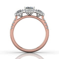 Princess Cut Two Tone Diamond Halo and Threestone Engagement Ring with Pave Side Stones in White and Rose Gold - DG & Co. Jewellery