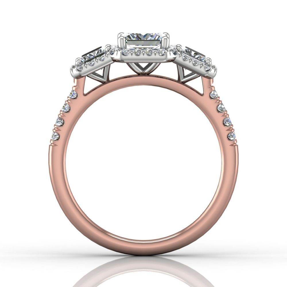 Princess Cut Two Tone Diamond Halo and Threestone Engagement Ring with Pave Side Stones in White and Rose Gold - DG & Co. Jewellery