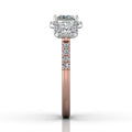 Princess Cut Two Tone Diamond Halo and Threestone Engagement Ring with Pave Side Stones in White and Rose Gold - DG & Co. Jewellery