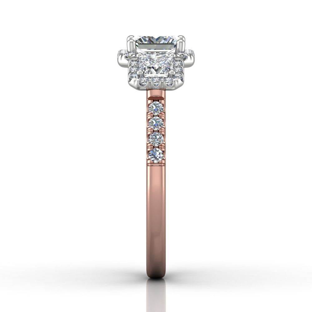 Princess Cut Two Tone Diamond Halo and Threestone Engagement Ring with Pave Side Stones in White and Rose Gold - DG & Co. Jewellery