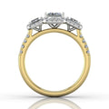 Two Tone Princess Cut Halo and Three Stone Engagement Ring with Pave Side Stones in 18k Yellow and White Gold - DG & Co. Jewellery