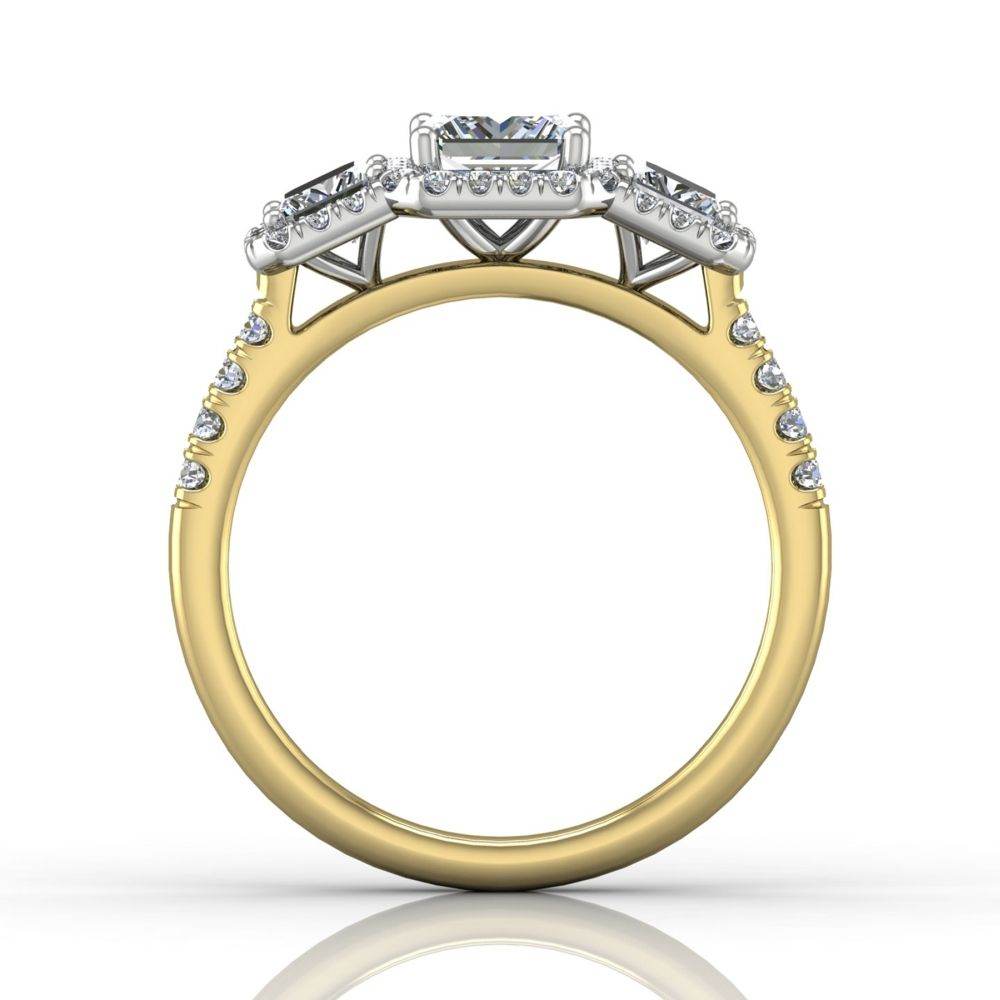 Two Tone Princess Cut Halo and Three Stone Engagement Ring with Pave Side Stones in 18k Yellow and White Gold - DG & Co. Jewellery
