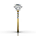 Two Tone Princess Cut Halo and Three Stone Engagement Ring with Pave Side Stones in 18k Yellow and White Gold - DG & Co. Jewellery