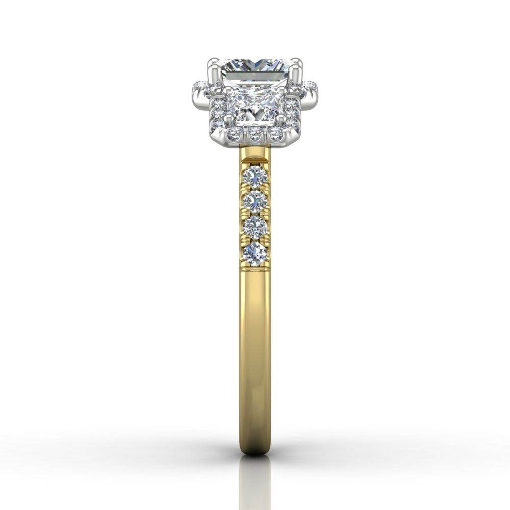 Two Tone Princess Cut Halo and Three Stone Engagement Ring with Pave Side Stones in 18k Yellow and White Gold - DG & Co. Jewellery