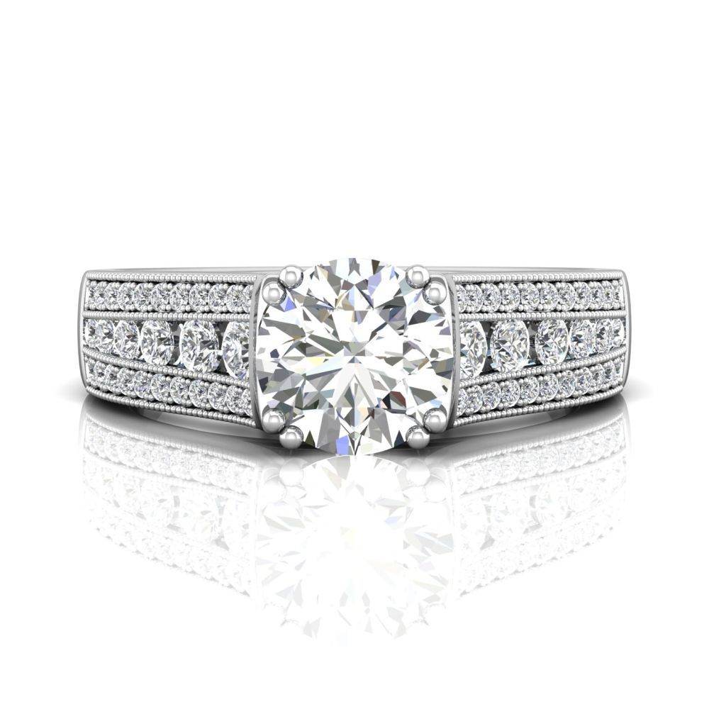 Round Cut Claw Set Diamond Ring With Three Row Side Stone - Platinum - DG & Co. Jewellery