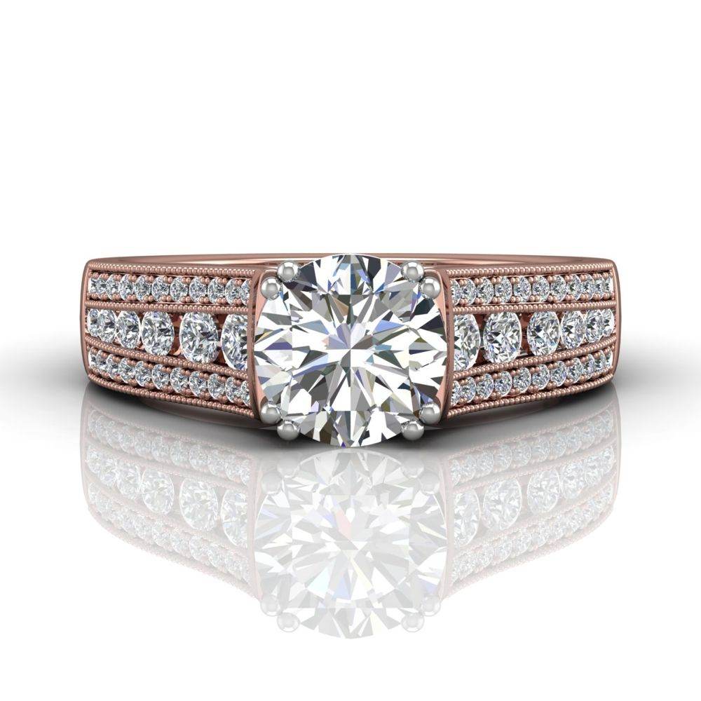 Round Cut Claw Set Diamond Ring With Three Row Side Stone - 18K Rose - DG & Co. Jewellery