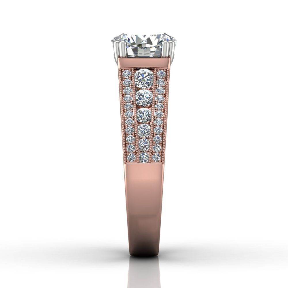 Round Cut Claw Set Diamond Ring With Three Row Side Stone - 18K Rose - DG & Co. Jewellery