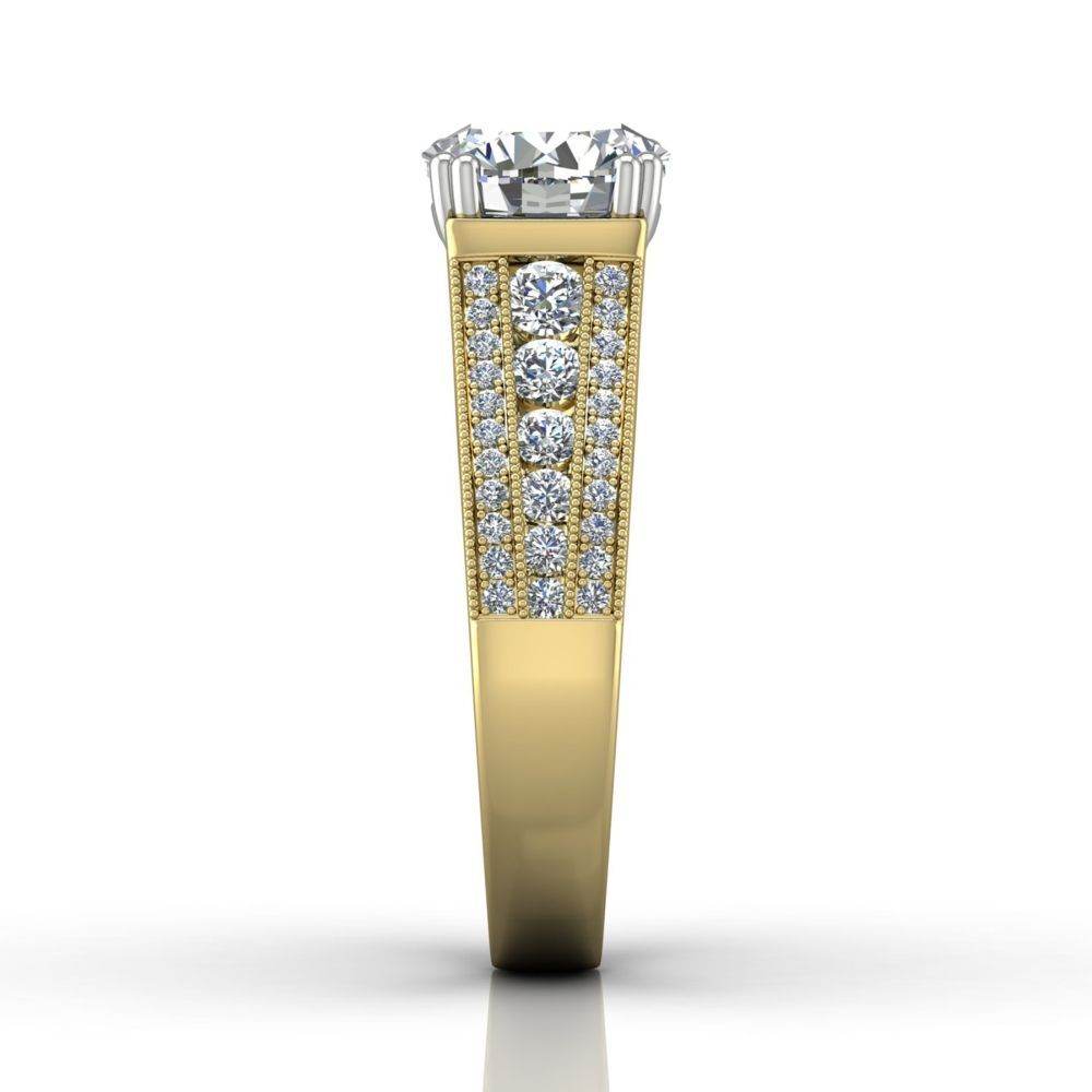Round Cut Claw Set Diamond Ring With Three Row Side Stone - 18K Yellow - DG & Co. Jewellery