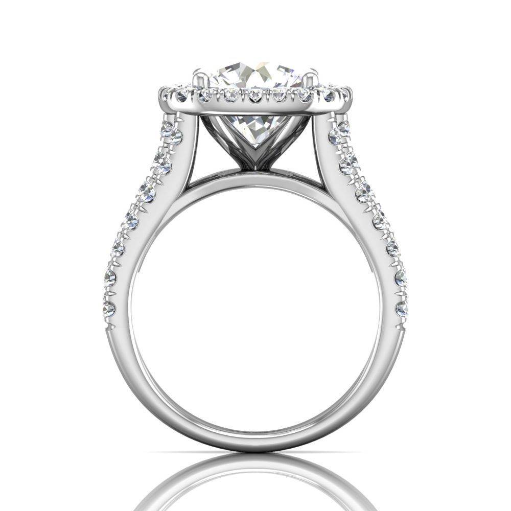 Round Cut Halo Diamond Engagement Ring With Four Claw Setting Centre Stone Triple-split Shoulders Pave Setting on the band.-Platinum - DG & Co. Jewellery