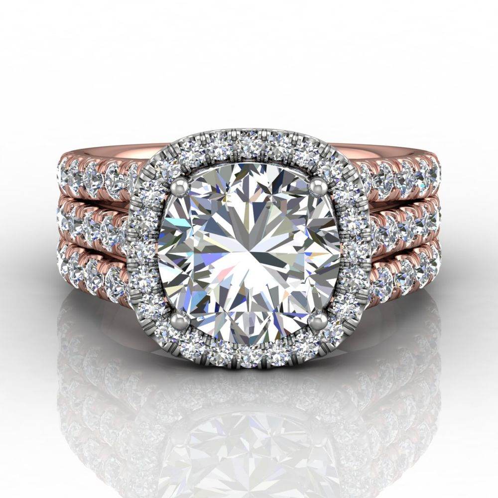 Round Cut Halo Diamond Engagement Ring With Four Claw Setting Centre Stone Triple-split Shoulders Pave Setting on the band.-18K Rose - DG & Co. Jewellery