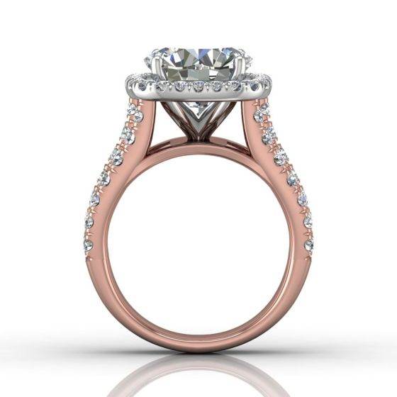 Round Cut Halo Diamond Engagement Ring With Four Claw Setting Centre Stone Triple-split Shoulders Pave Setting on the band.-18K Rose - DG & Co. Jewellery