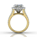Round Cut Halo Diamond Engagement Ring With Four Claw Setting Centre Stone Triple-split Shoulders Pave Setting on the band.-18K Yellow - DG & Co. Jewellery