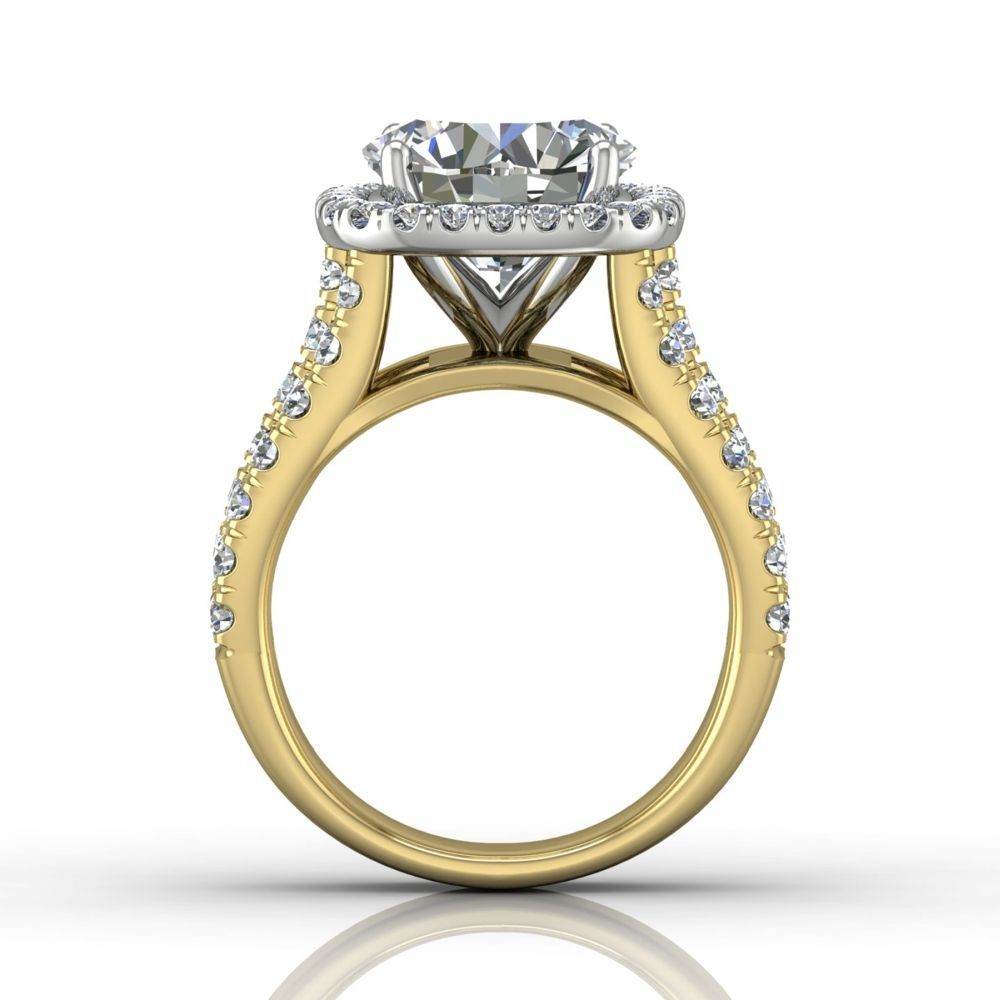 Round Cut Halo Diamond Engagement Ring With Four Claw Setting Centre Stone Triple-split Shoulders Pave Setting on the band.-18K Yellow - DG & Co. Jewellery