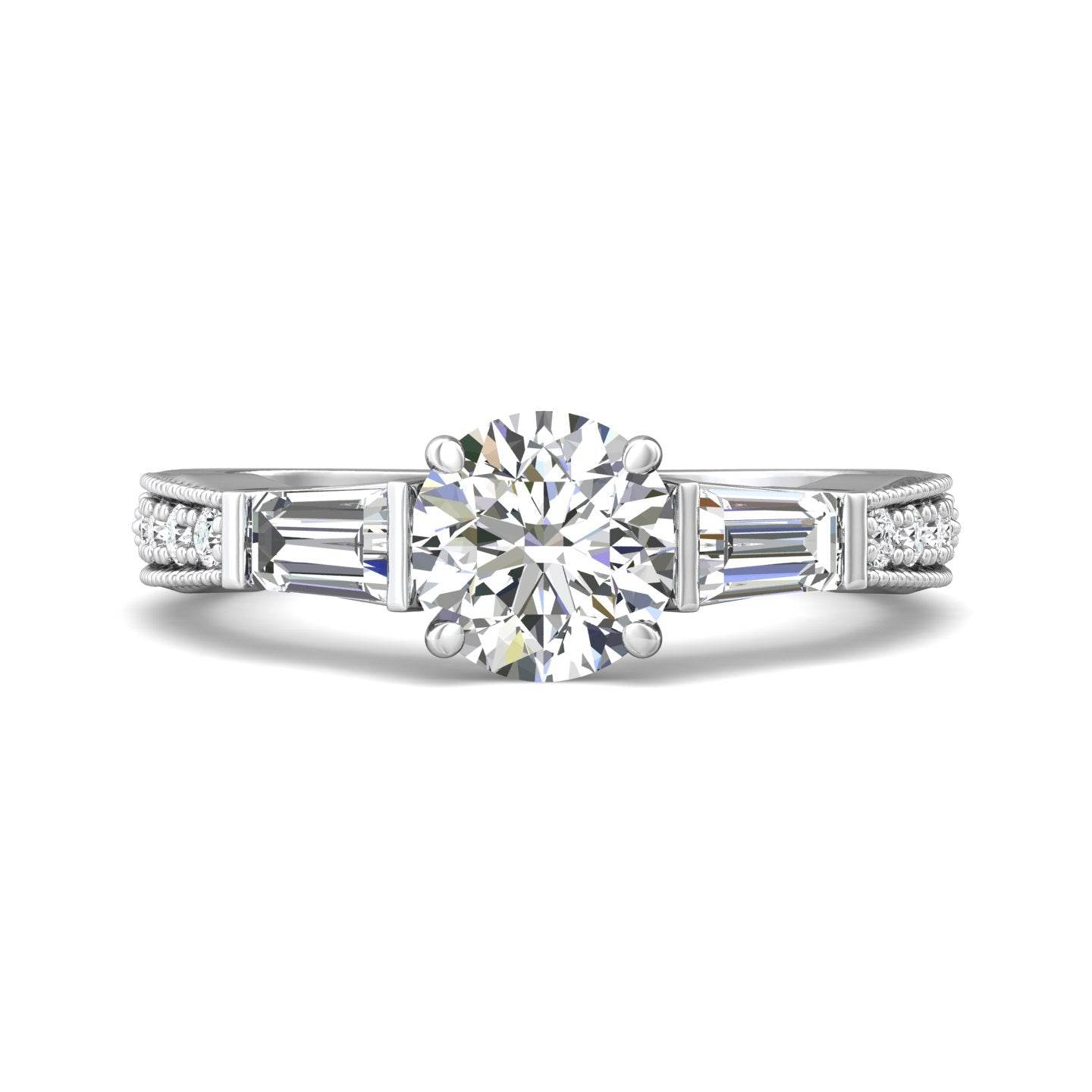 Vintage Style Round Cut Trilogy 3 Stone Diamond Engagement Ring In a Tapered Baguette Side stone Milgrain Share Prong Setting -18K White - DG & Co. Jewellery