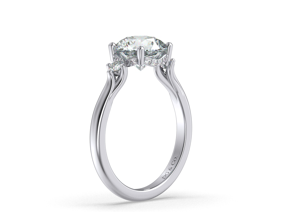 Sanaa Three Stone Claw Setting Hidden Halo Diamond Engagement Ring - 18K White