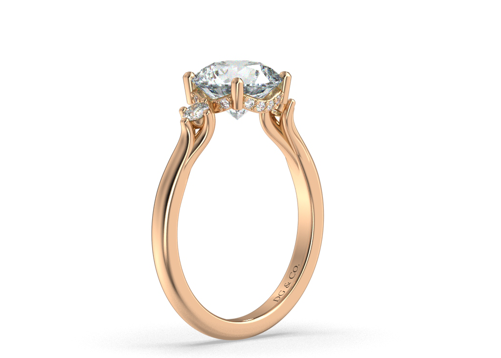 Sanaa Three Stone Claw Setting Hidden Halo Diamond Engagement Ring - 18K Rose