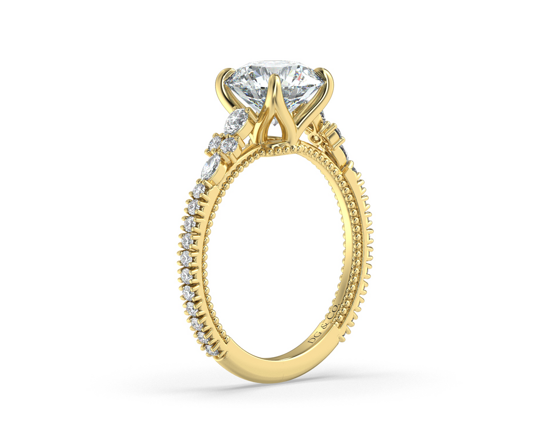 Lyon Vintage Style Three Stone Round Cut Milgrain Details Diamond Ring - 18K Yellow