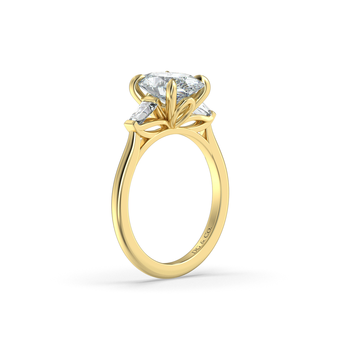 Lotus Three Stone Oval Cut Cathedral Setting Diamond Engagement Ring Four Prong - 18K Yellow
