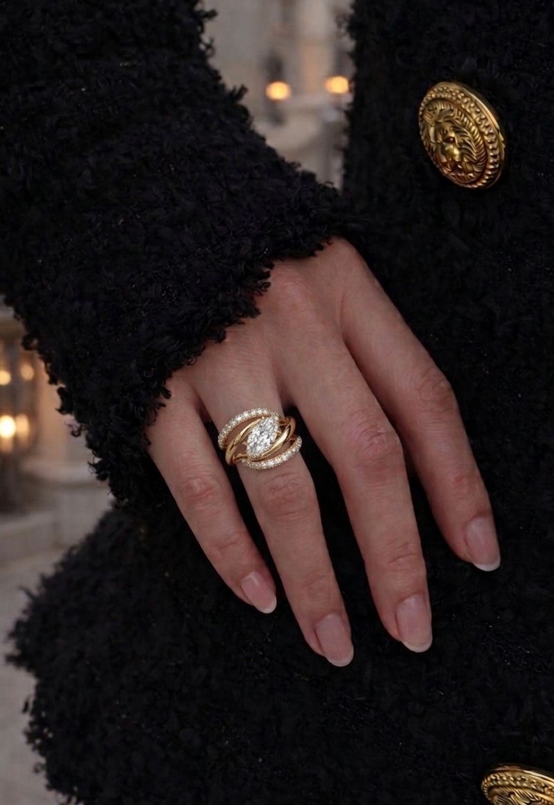 Wave Marquise Cut Double Split Curve Band Pave Setting DG & Co. Signature Ring - 18K Yellow