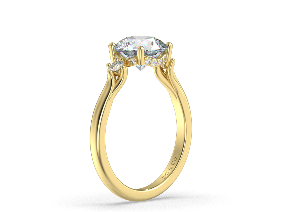 Sanaa Three Stone Claw Setting Hidden Halo Diamond Engagement Ring - 18K Yellow