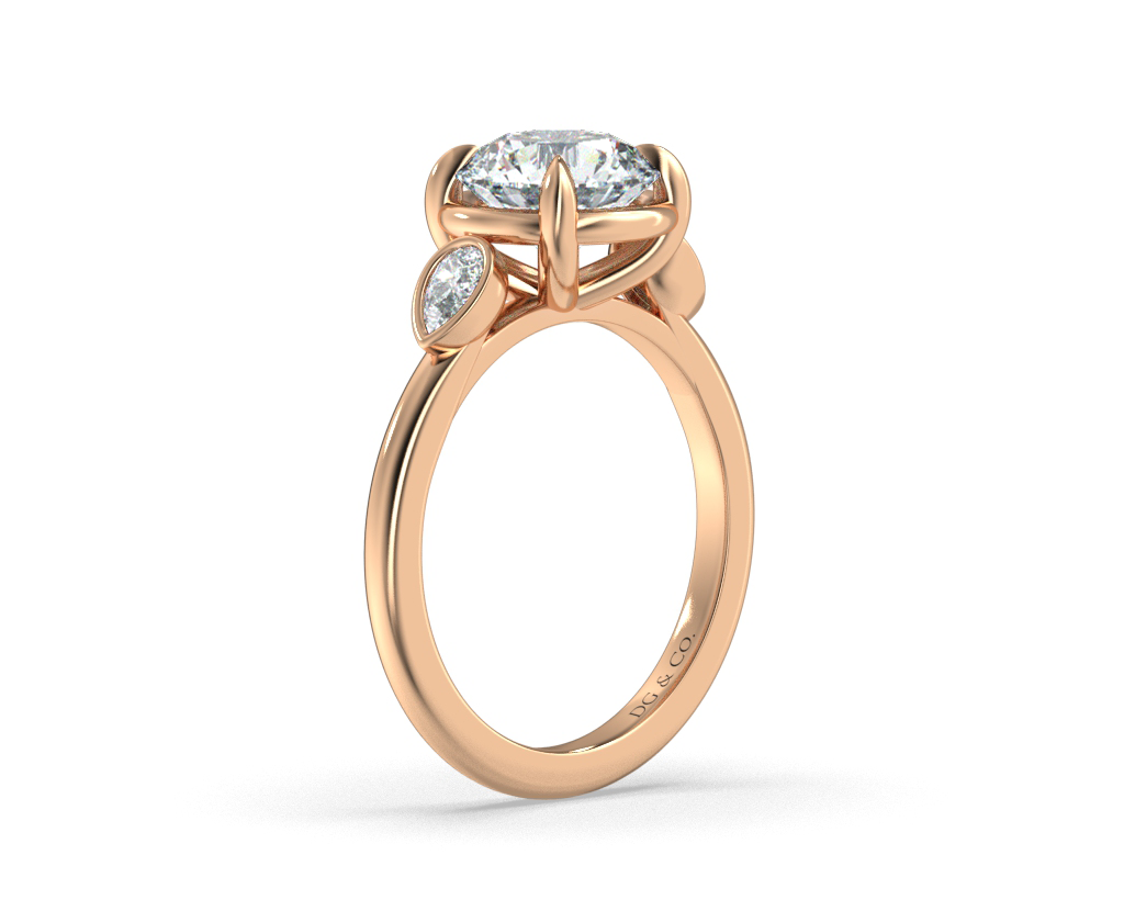 Sima Three stone Round Cut Bezel Four Claw Setting with Pear Shape Cut Side stones - 18K Rose