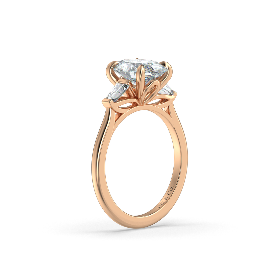 Lotus Three Stone Oval Cut Cathedral Setting Diamond Engagement Ring Four Prong - 18K Rose