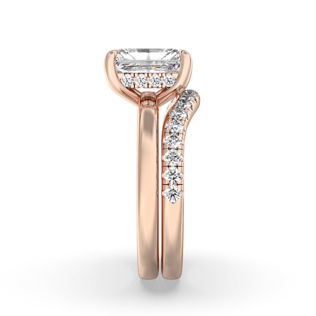 Juliet Radiant Cut Diamond Wedding Set Hidden Halo Curved Wedding ring - 18K Rose