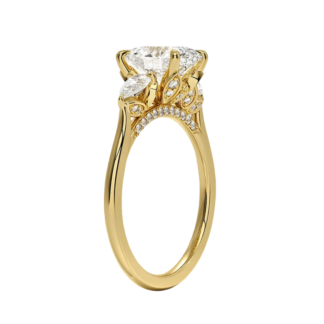 Flora Three Stones Oval Cut Pear sides Hidden Halo Diamond Engagement Ring - 18K Yellow