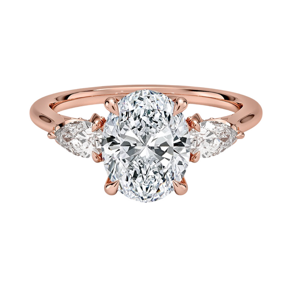 Flora Three Stones Oval Cut Pear sides Hidden Halo Diamond Engagement ...