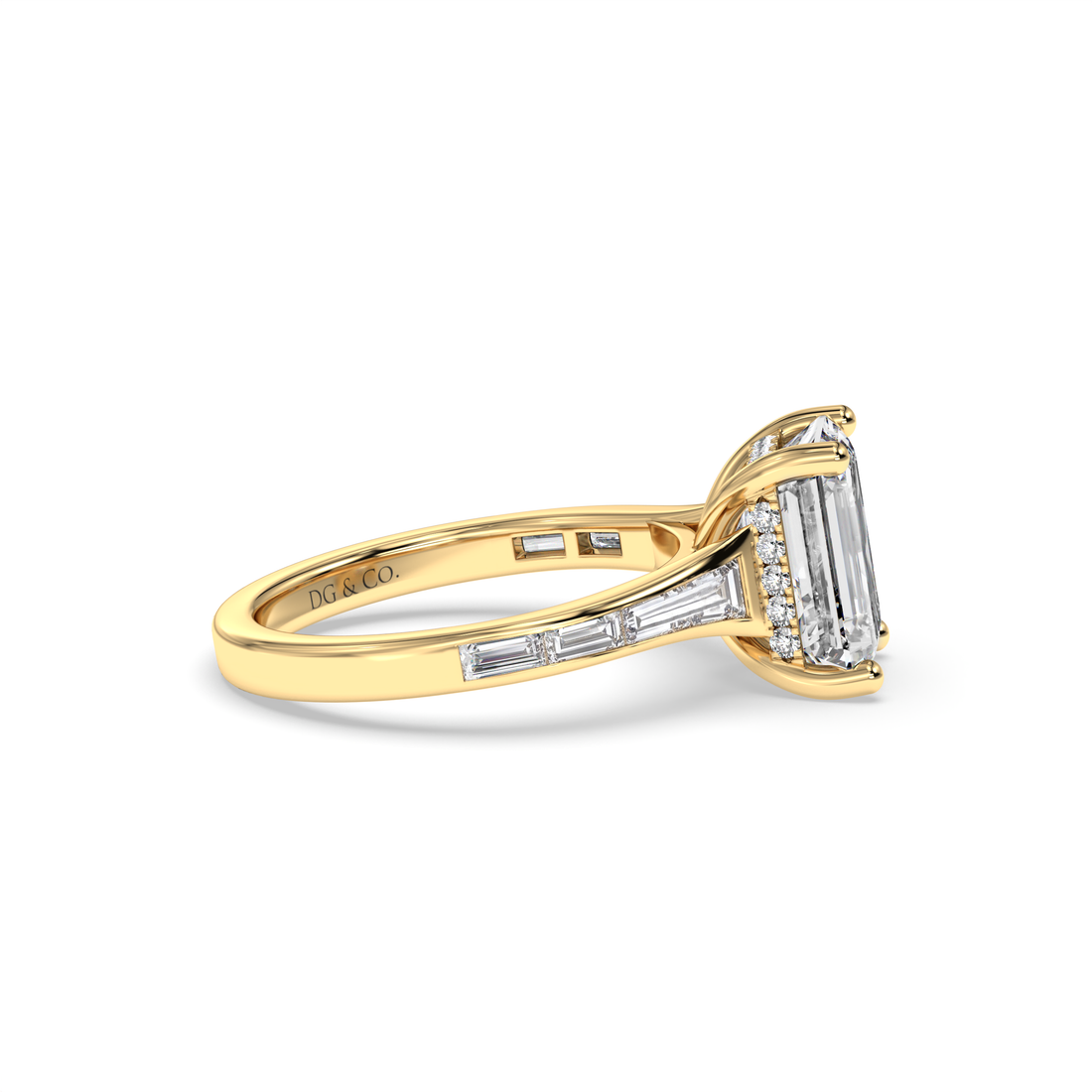 Maya Trilogy Emerald Cut Hidden Halo Diamond Engagement Ring  with Tapered Bequette Side Stones Bezel Setting - 18K Yellow
