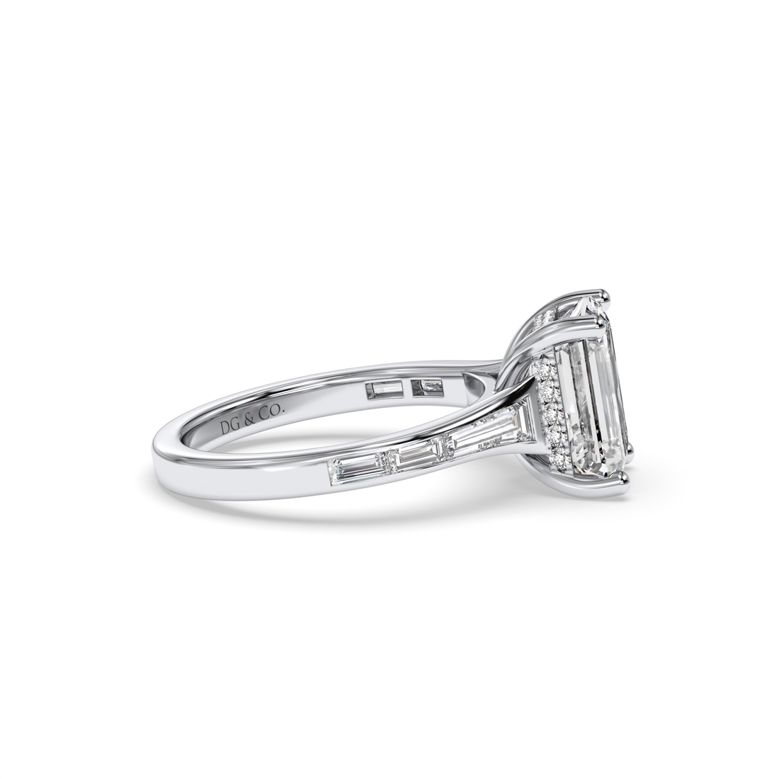 Maya Trilogy Emerald Cut Hidden Halo Diamond Engagement Ring  with Tapered Bequette Side Stones Bezel Setting - 18K White