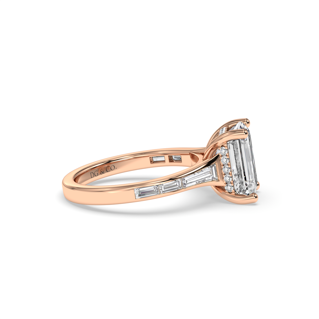 Maya Trilogy Emerald Cut Hidden Halo Diamond Engagement Ring  with Tapered Bequette Side Stones Bezel Setting - 18K Rose