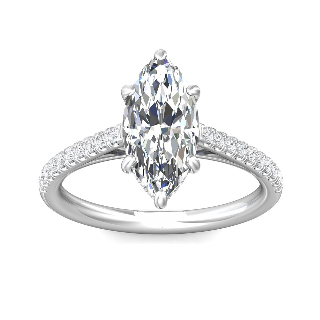 Riviera Cathedral Hidden Halo Pave Setting Six Claw Diamond Engagement Ring - 18K White