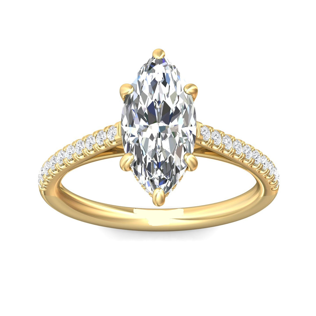 Riviera Cathedral Hidden Halo Pave Setting Six Claw Diamond Engagement Ring - 18K Yellow