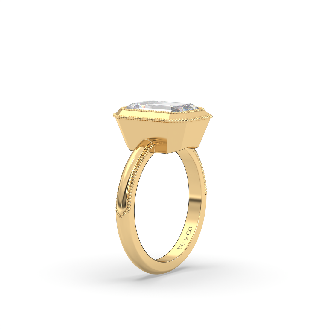 Capital Bezel Set Antique style Emerald Cut Low Setting Comfort Fit Diamond engagement Ring - 18K Yellow