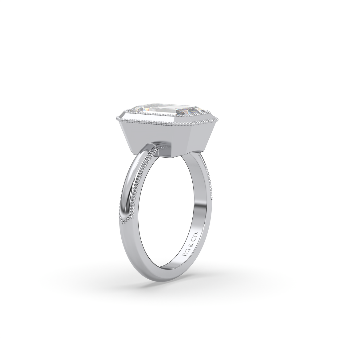 Capital Bezel Set Antique style Emerald Cut Low Setting Comfort Fit Diamond engagement Ring - 18K White