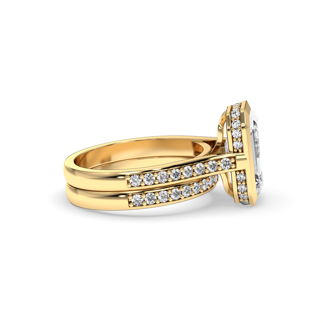 Maha Bezel Set Cathedral Style Emerald Cut Wedding Set Hidden Halo Share Prong Setting Ring - 18K Yellow