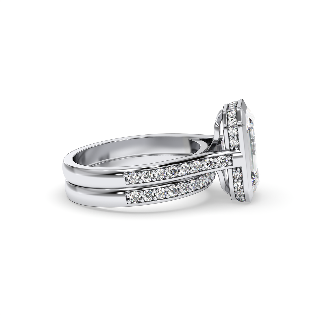 Maha Bezel Set Cathedral Style Emerald Cut Wedding Set Hidden Halo Share Prong Setting Ring - 18K White