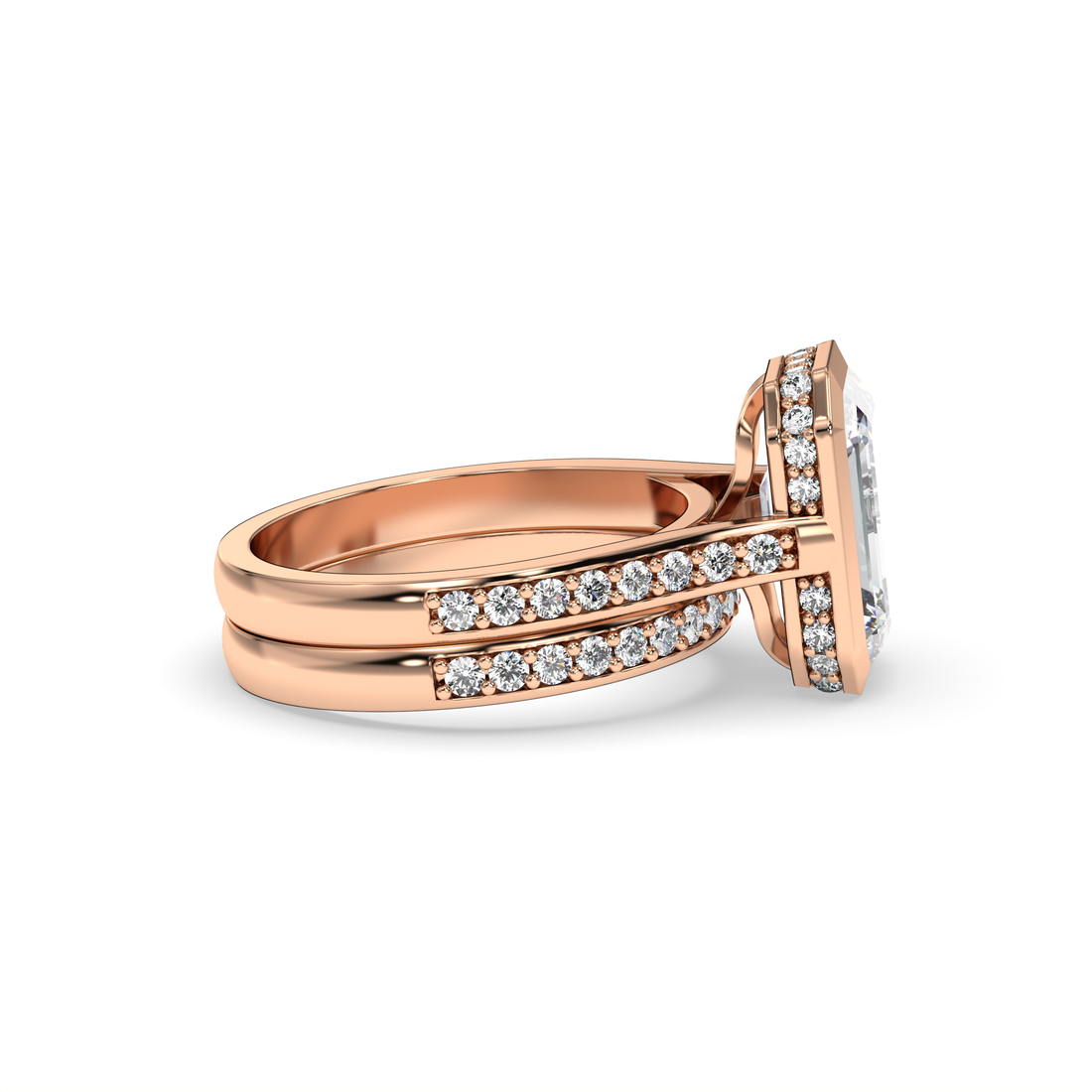 Maha Bezel Set Cathedral Style Emerald Cut Wedding Set Hidden Halo Share Prong Setting Ring - 18K Rose