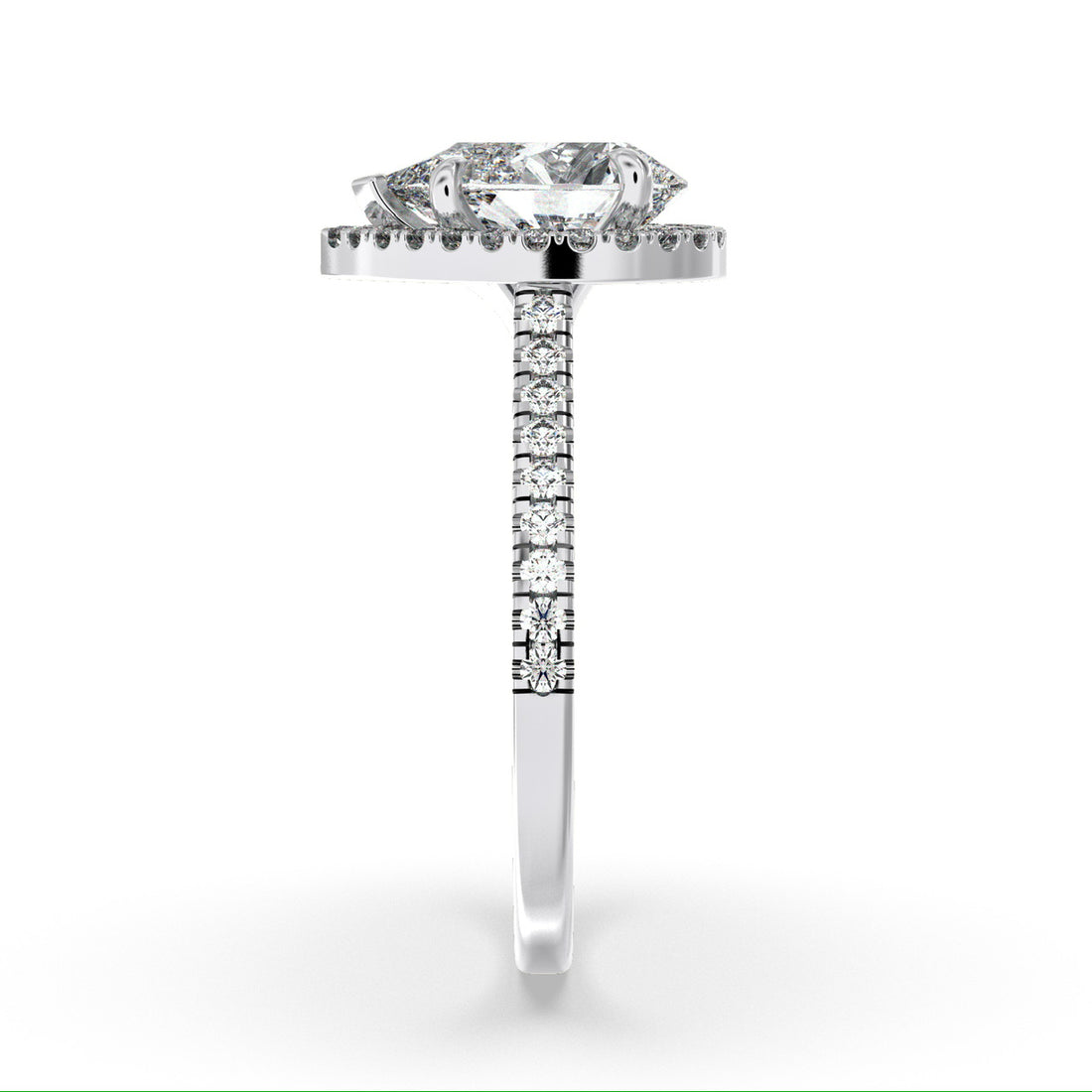 Helen Pear Cut Halo Design Diamond Engagement Ring with Pave Setting Sidestones - 18K White