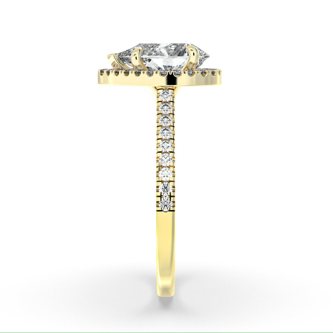 Helen Pear Cut Halo Design Diamond Engagement Ring with Pave Setting Sidestones - 18K Yellow