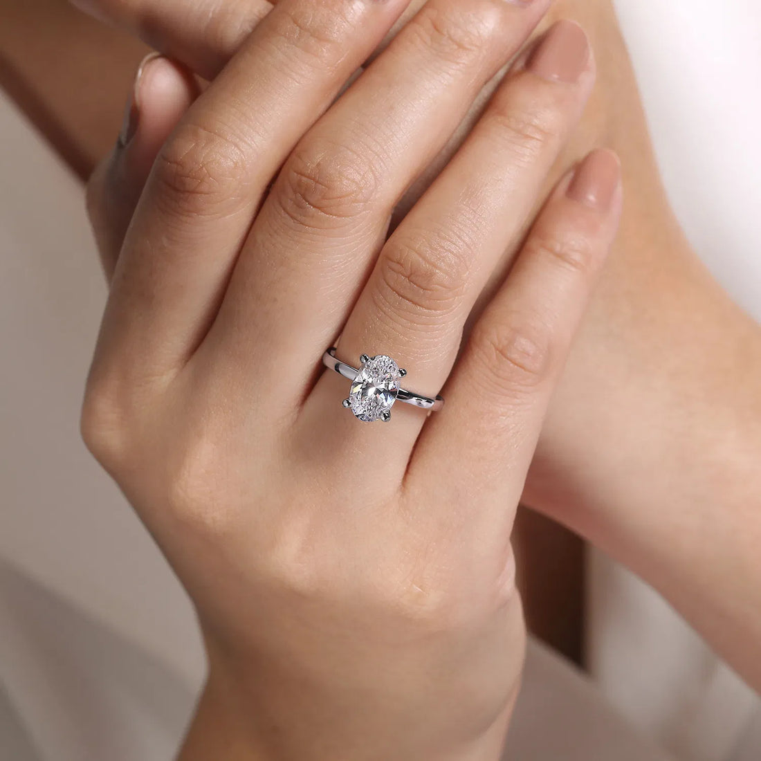 Oval Cut Low Setting Hidden Halo Pave Setting Diamond Engagement Ring - 18K White