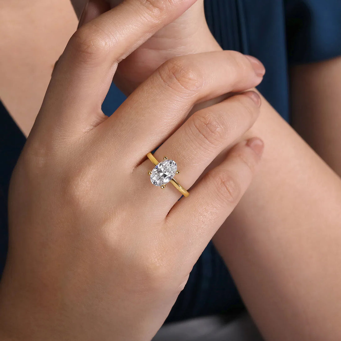 Oval Cut Low Setting Hidden Halo Pave Setting Diamond Engagement Ring - 18K Yellow