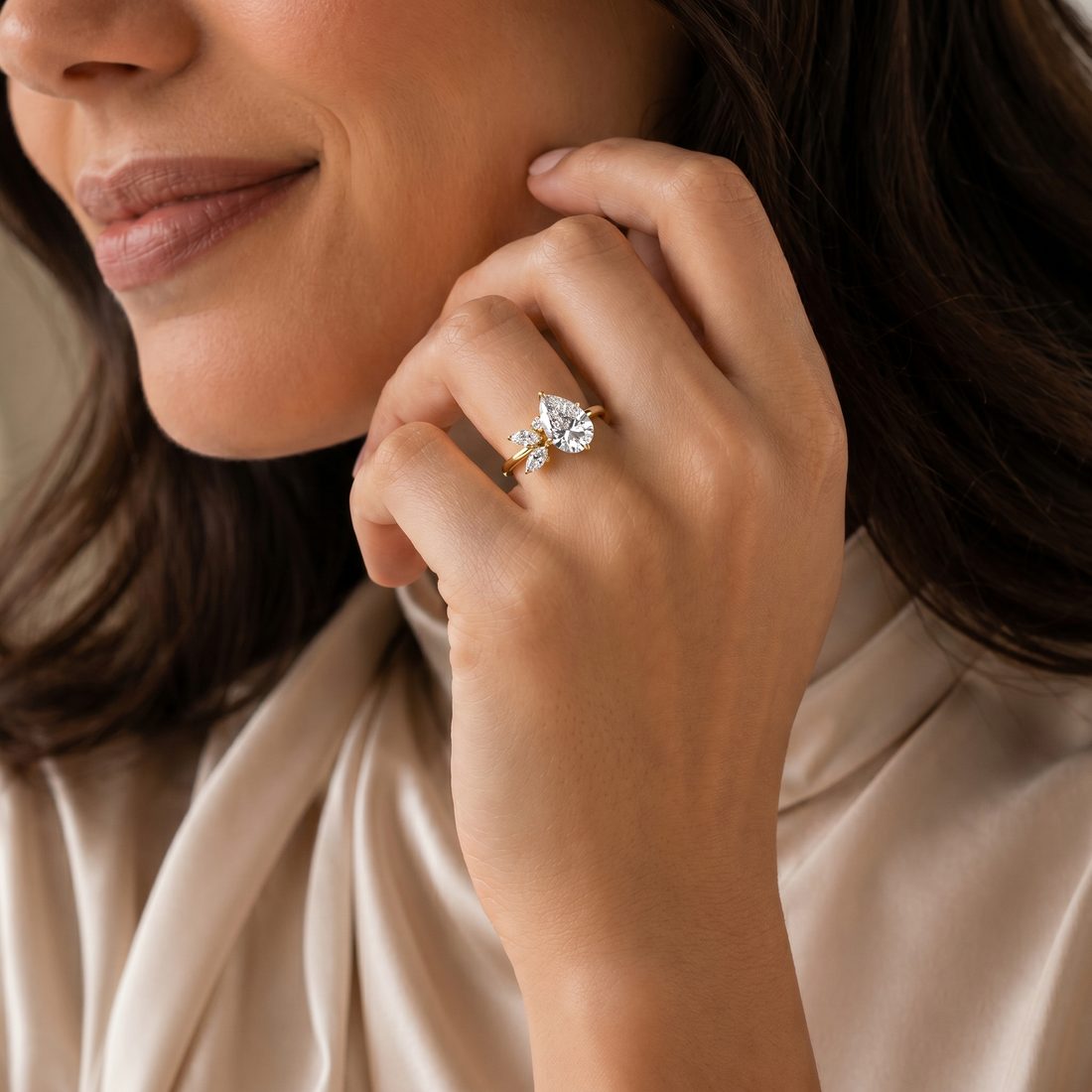 Charm Pear Cut Diamond Hidden Halo With Mix Cut Side stone Diamond Engagement Ring - 18K Yellow