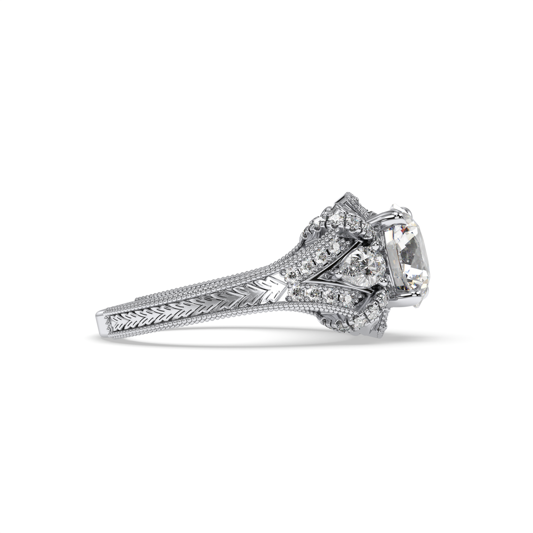 Isolda Round Cut Filigree Vintage-Style Three Stone Four Claw Diamond Engagement Ring - 18K White