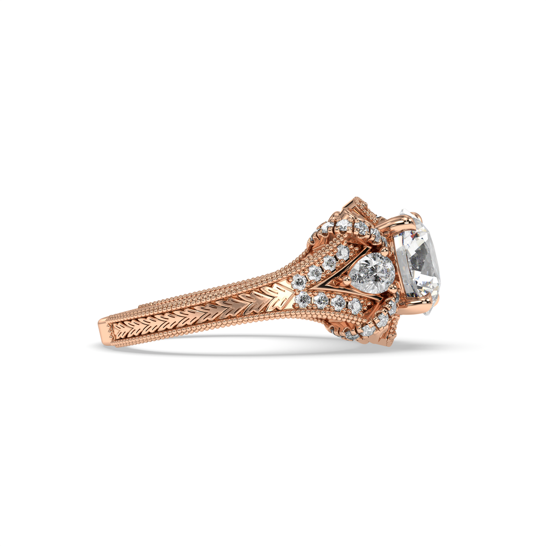 Isolda Round Cut Filigree Vintage-Style Three Stone Four Claw Diamond Engagement Ring - 18K Rose