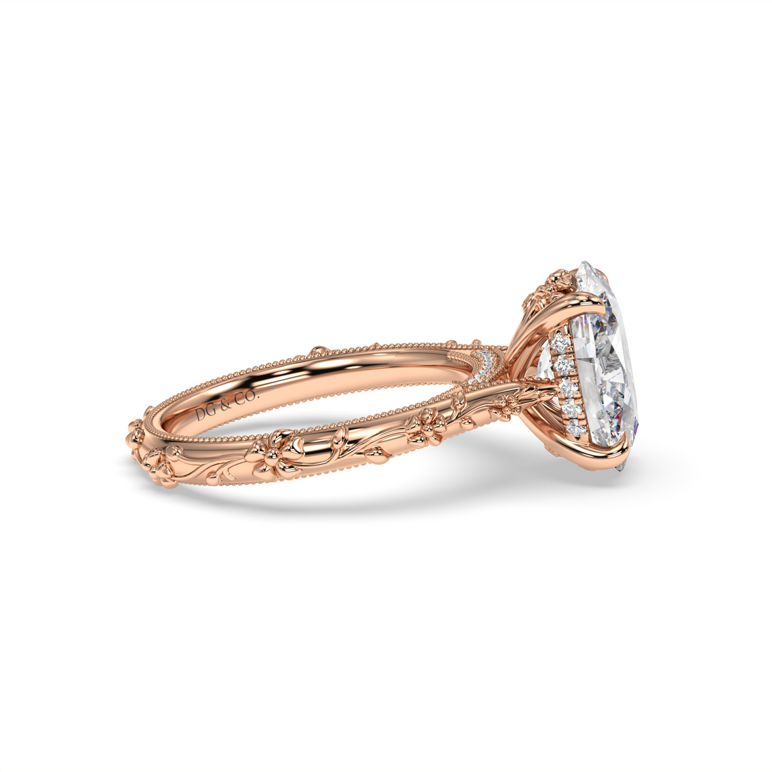 Vaughan Oval Cut Vintage Antique Style Floral Design Milgrain Hidden Halo Diamond Engagement Ring - 18K Rose