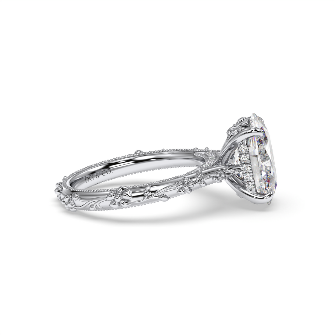 Vaughan Oval Cut Vintage Antique Style Floral Design Milgrain Hidden Halo Diamond Engagement Ring - 18K White