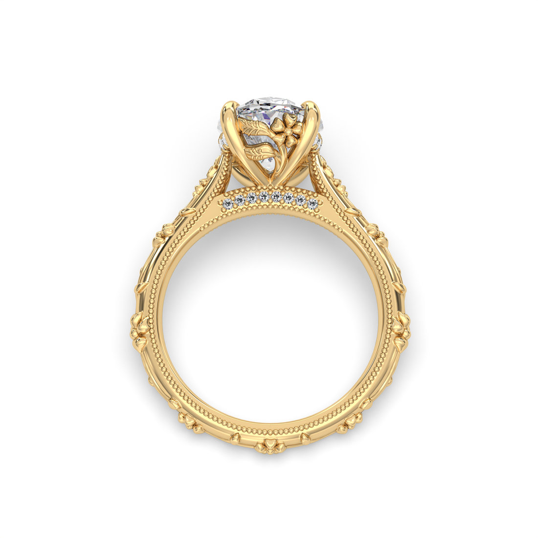 Vaughan Oval Cut Vintage Antique Style Floral Design Milgrain Hidden Halo Diamond Engagement Ring - 18K Yellow