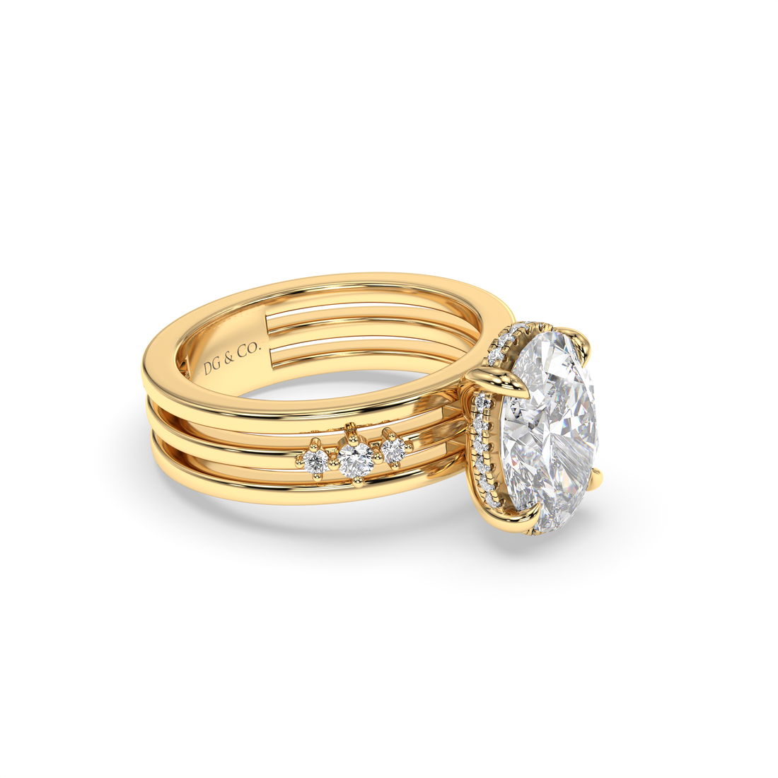 Carma Oval Cut Triple Band Hidden Halo Round Cut Side Stone Share Prong Setting Diamond Engagement Ring - 18K Yellow